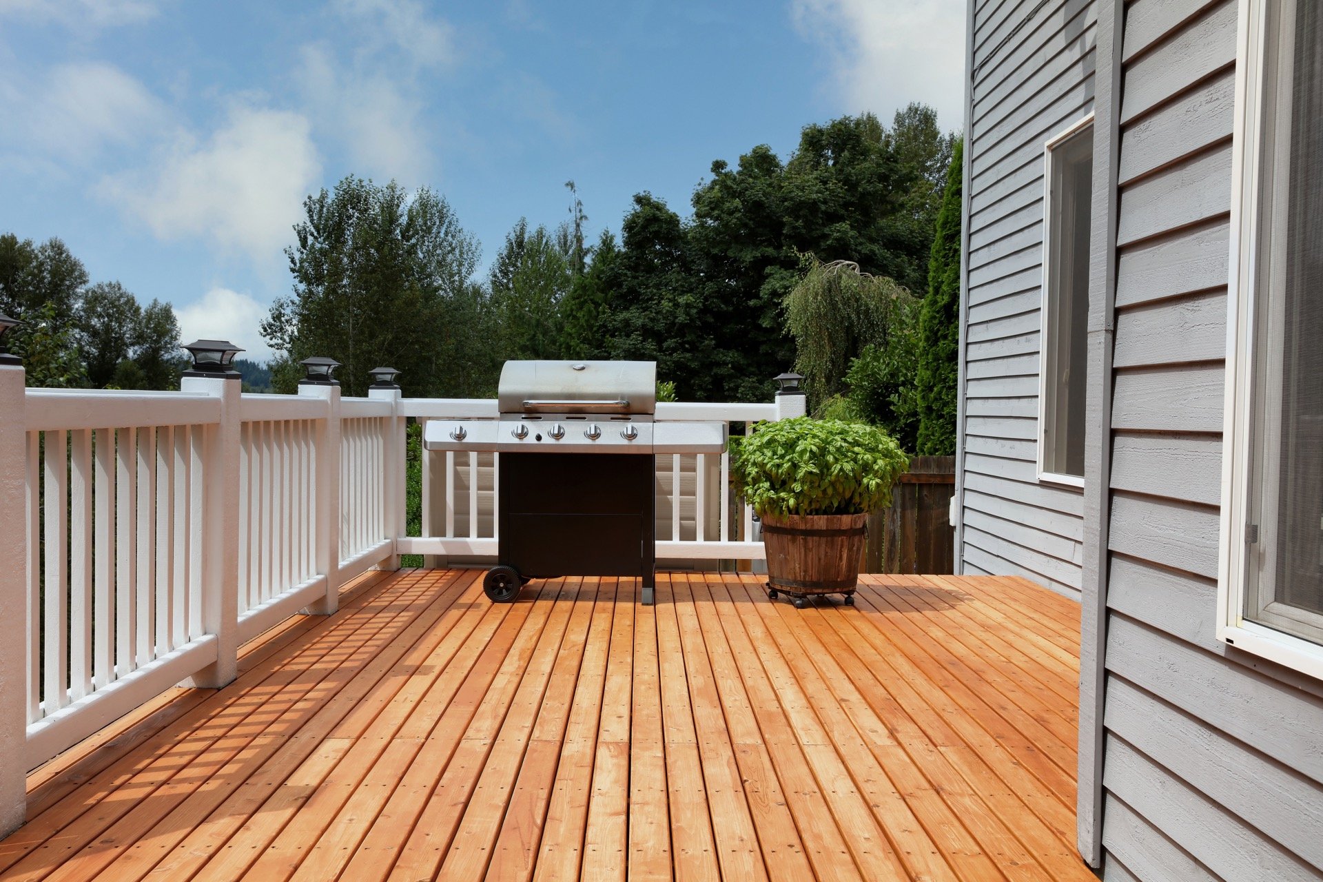 wood deck with barbeque and plant
